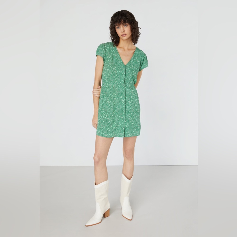 Oak + Fort Green Floral Button Front V-Neck Mini Dress Cap Sleeve XS